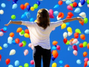 Mujer de espaldas con los brazos extendidos, fondo de globos