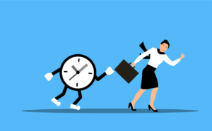 Mujer huye de reloj que la persigue, en vector